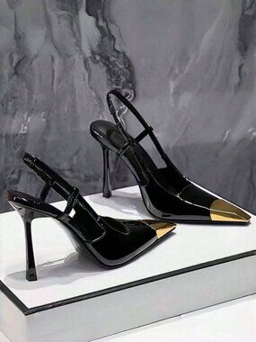 Black Sexy Women's Metallic Square Toe Thin Heel Slip-On Sandals